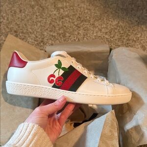 Gucci White Sneakers with Red and Green Accents